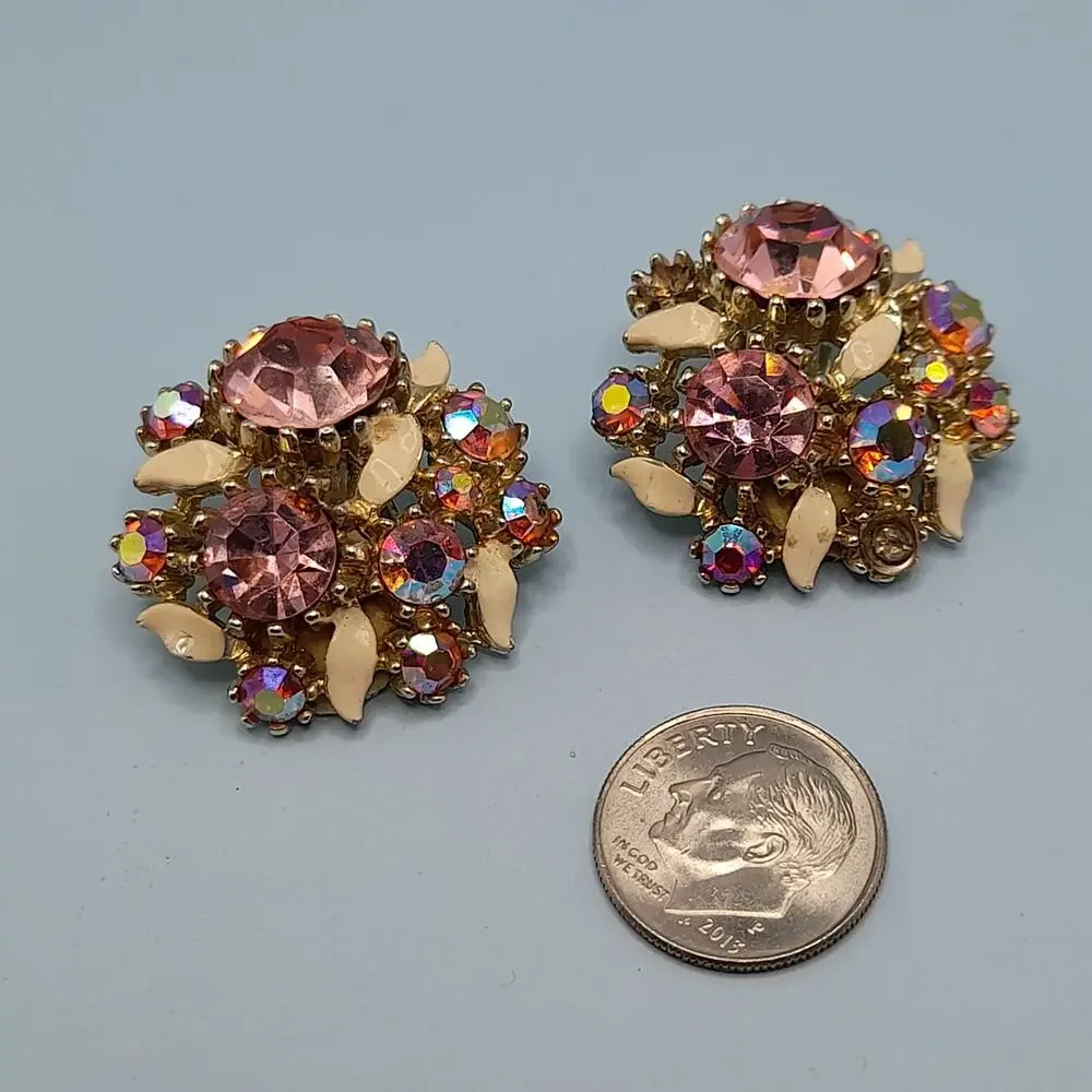 Vintage Arthur Pepper ART Pink Rhinestone Clip Earrings, Aurora Borealis, 1 1/8